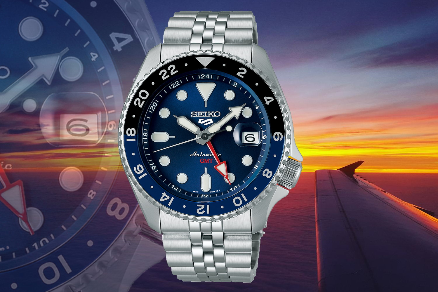 seiko 5 Sports GMT ssk003k1 on the background